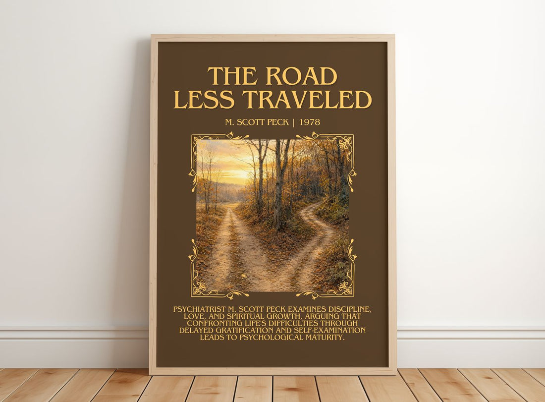The Road Less Traveled Minimalist Book Poster by M. Scott Peck – framed print leaning on a wooden floor