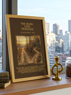 The Road Less Traveled Minimalist Book Poster by M. Scott Peck – framed print on a city-view windowsill