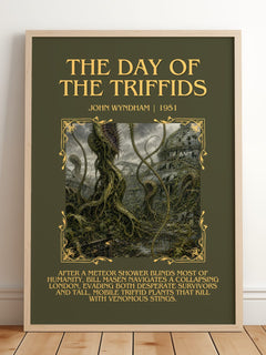 The Day of the Triffids Minimalist Book Poster by John Wyndham – framed print leaning on a wooden floor