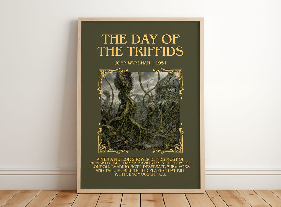 The Day of the Triffids Minimalist Book Poster by John Wyndham – framed print leaning on a wooden floor