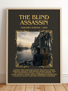 The Blind Assassin Minimalist Book Poster by Margaret Atwood – framed print leaning on a wooden floor