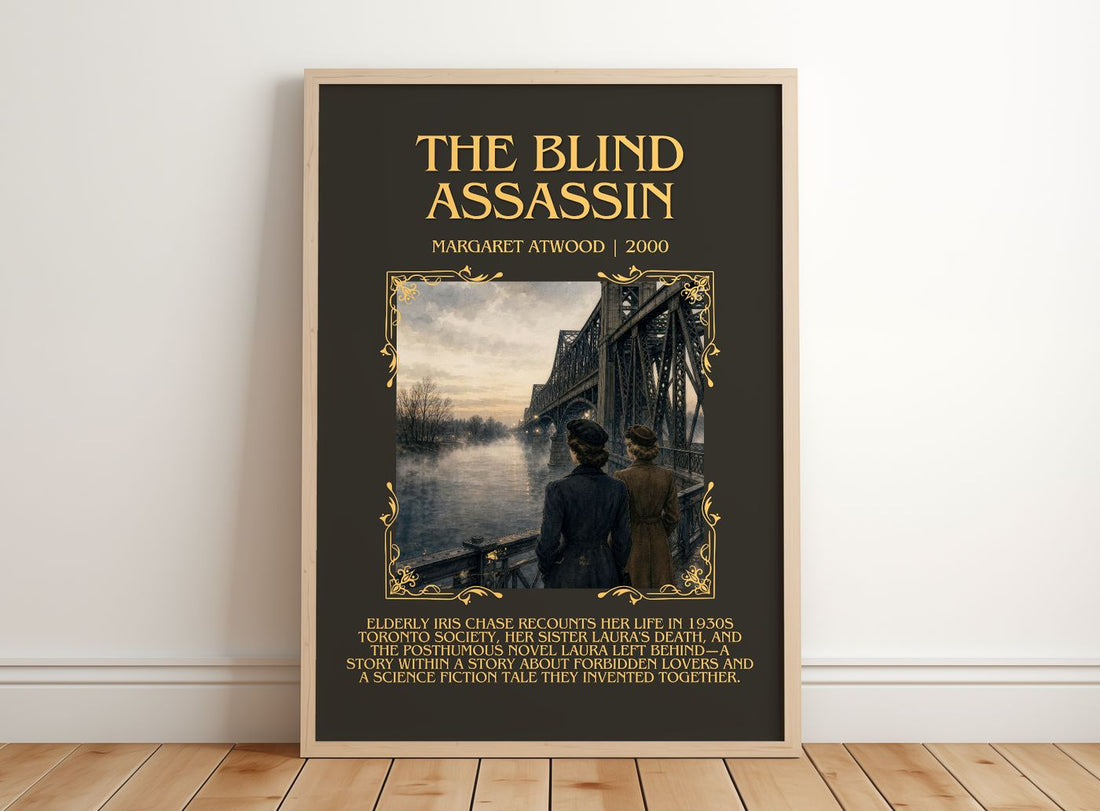 The Blind Assassin Minimalist Book Poster by Margaret Atwood – framed print leaning on a wooden floor