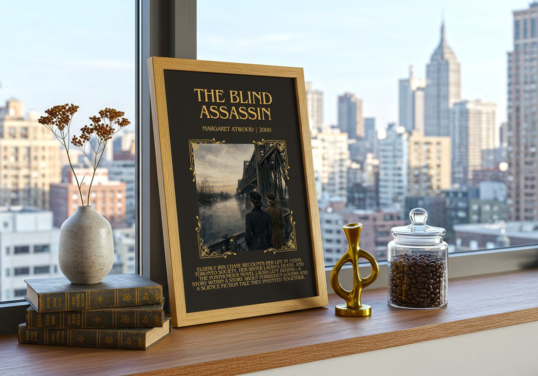 The Blind Assassin Minimalist Book Poster by Margaret Atwood – framed print on a city-view windowsill