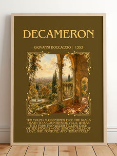 Decameron Minimalist Book Poster by Giovanni Boccaccio – framed print leaning on a wooden floor