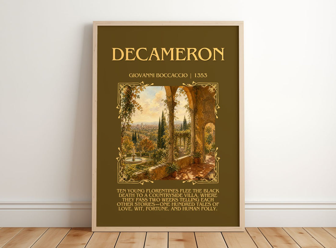 Decameron Minimalist Book Poster by Giovanni Boccaccio – framed print leaning on a wooden floor