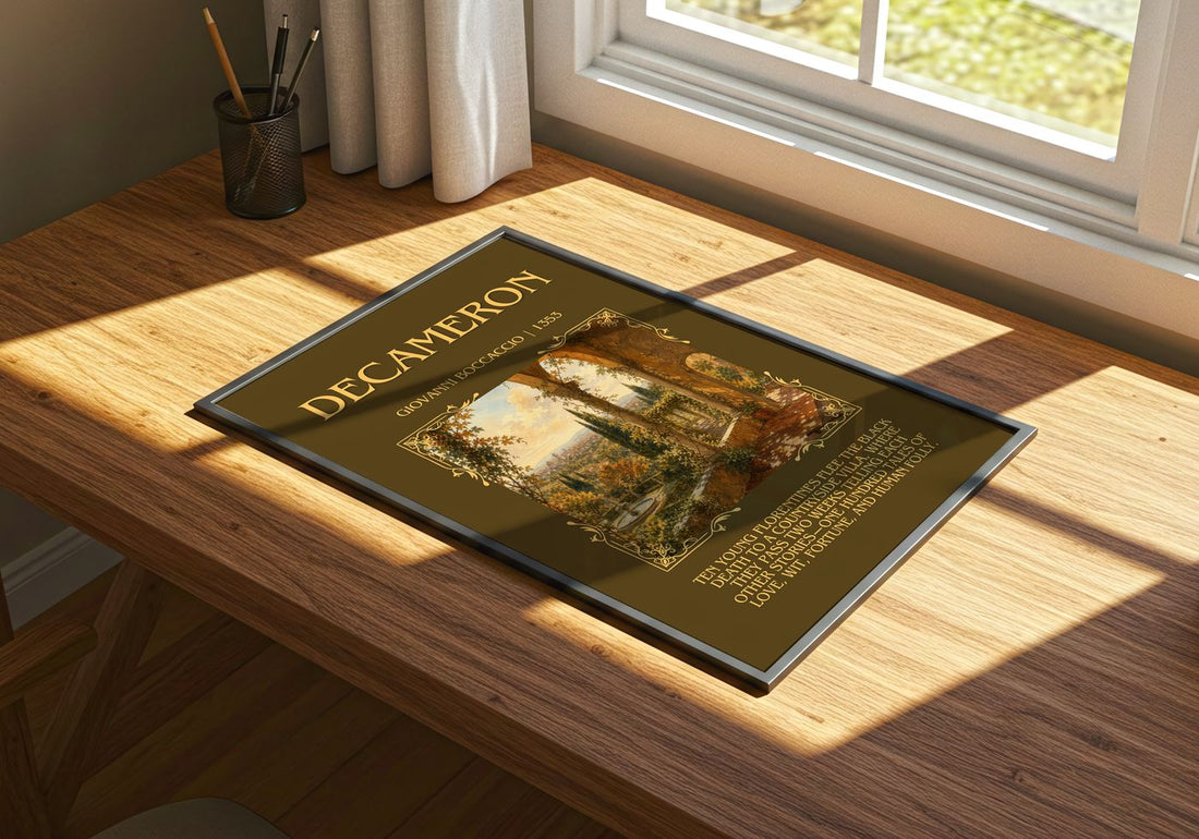 Decameron Minimalist Book Poster by Giovanni Boccaccio – print on a sunlit desk