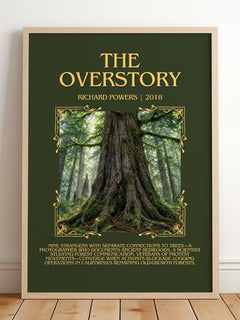 The Overstory Minimalist Book Poster by Richard Powers – framed print leaning on a wooden floor