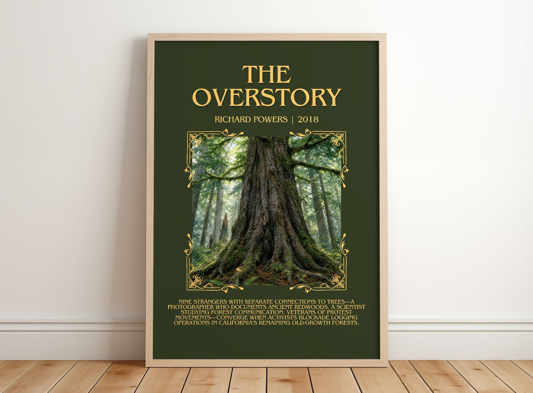 The Overstory Minimalist Book Poster by Richard Powers – framed print leaning on a wooden floor