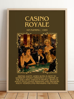 Casino Royale Minimalist Book Poster by Ian Fleming – framed print leaning on a wooden floor