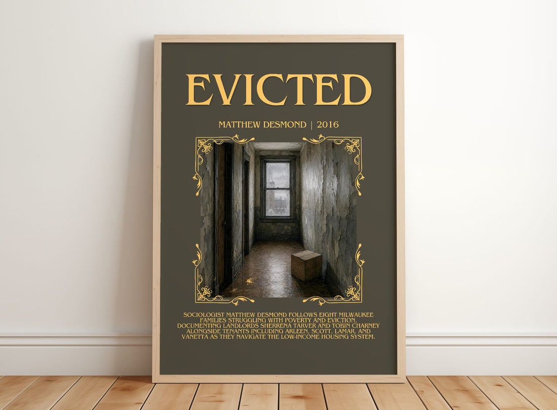 Evicted Minimalist Book Poster by Matthew Desmond – framed print leaning on a wooden floor