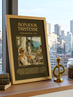 Bonjour Tristesse Minimalist Book Poster by Francoise Sagan – framed print on a city-view windowsill