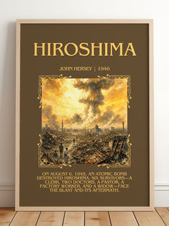 Hiroshima Minimalist Book Poster by John Hersey – framed print leaning on a wooden floor