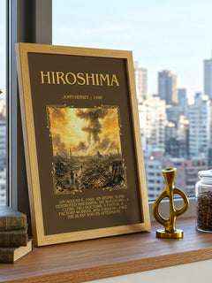 Hiroshima Minimalist Book Poster by John Hersey – framed print on a city-view windowsill
