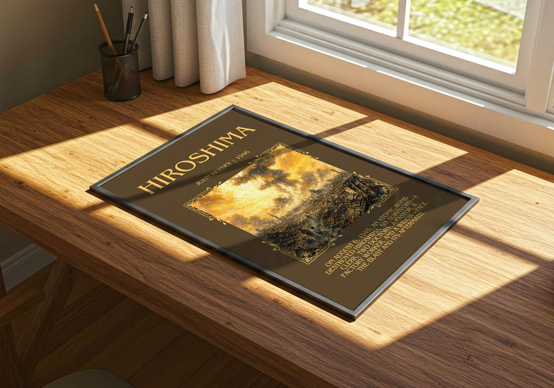 Hiroshima Minimalist Book Poster by John Hersey – print on a sunlit desk
