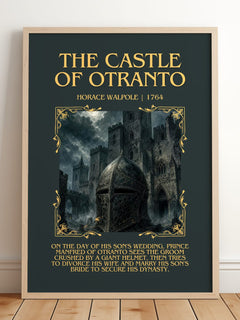 The Castle of Otranto Minimalist Book Poster by Horace Walpole – framed print leaning on a wooden floor