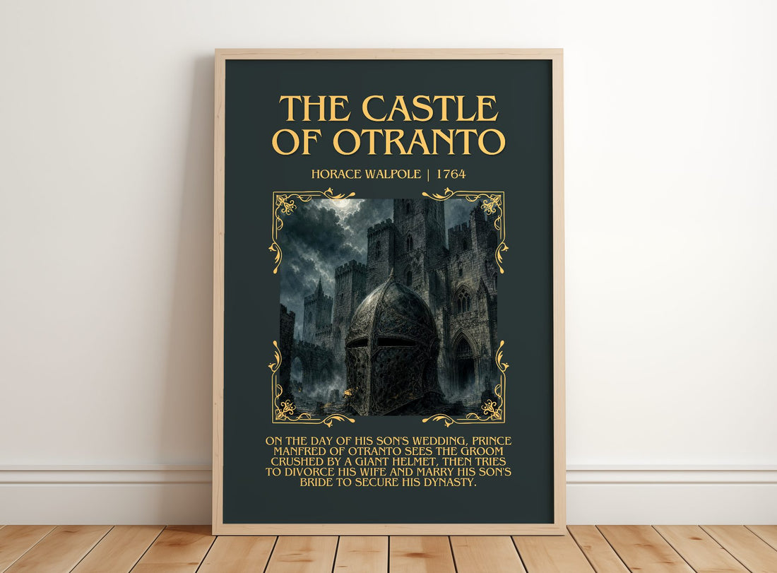 The Castle of Otranto Minimalist Book Poster by Horace Walpole – framed print leaning on a wooden floor