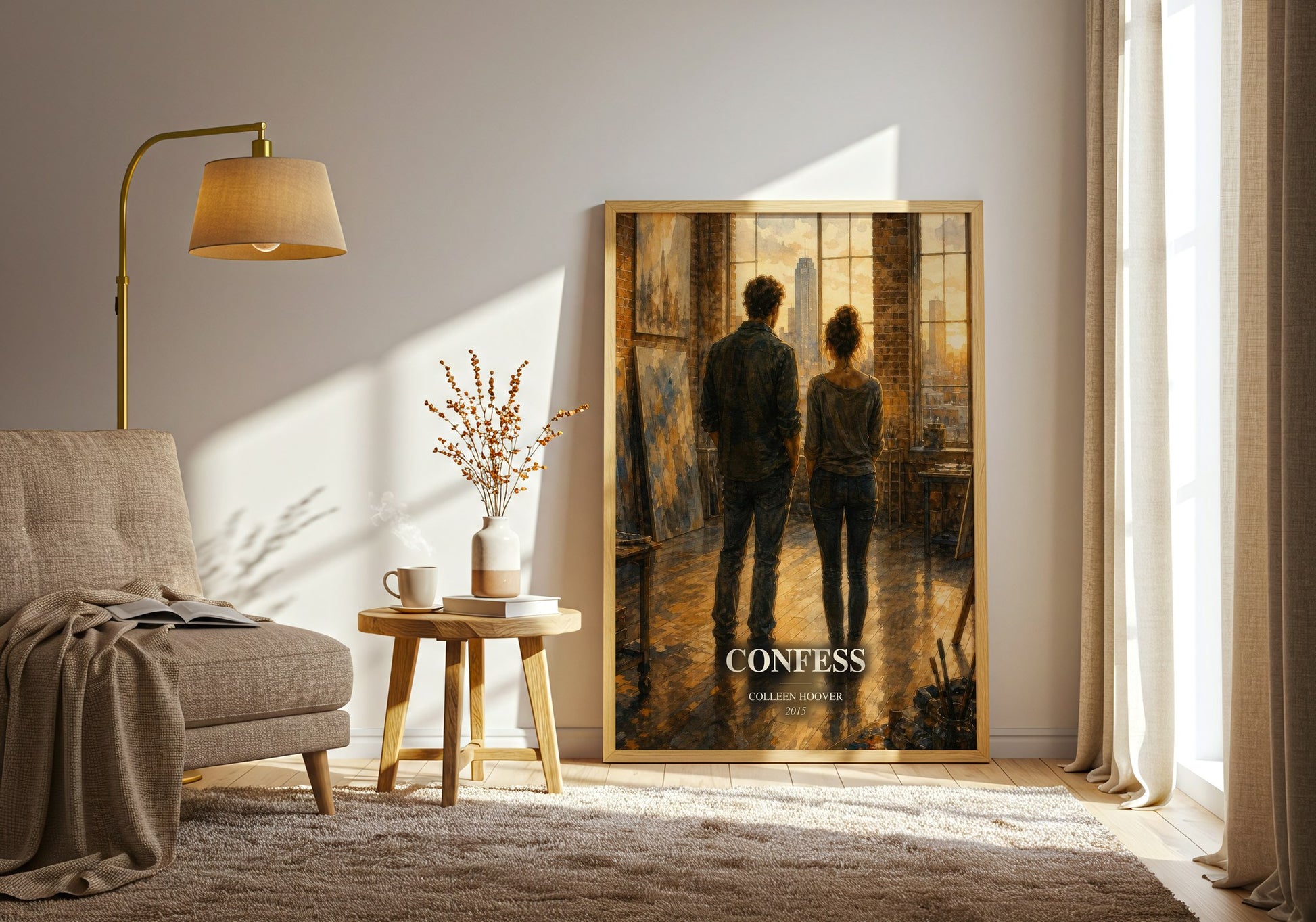 Confess watercolour print in frame leaning in hallway – contemporary fiction wall art