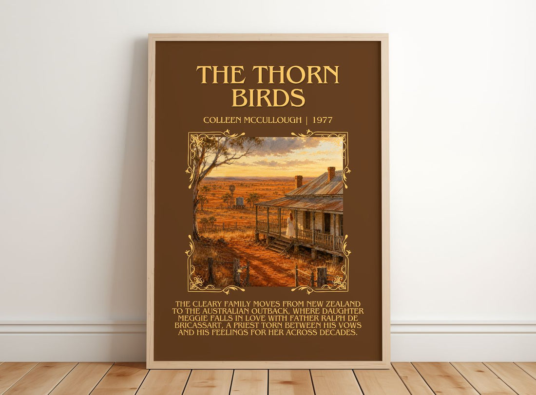 The Thorn Birds Minimalist Book Poster by Colleen McCullough – framed print leaning on a wooden floor