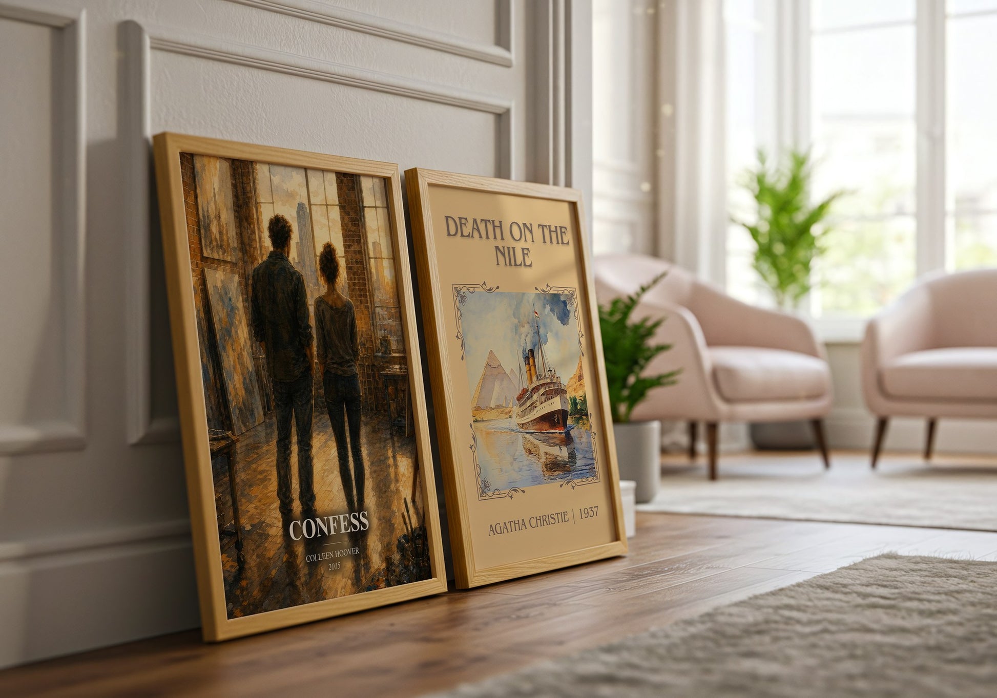 Confess watercolour print framed by window – literary home decor