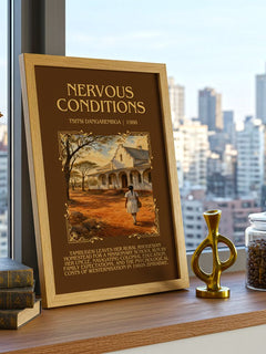 Nervous Conditions Minimalist Book Poster by Tsitsi Dangarembga – framed print on a city-view windowsill