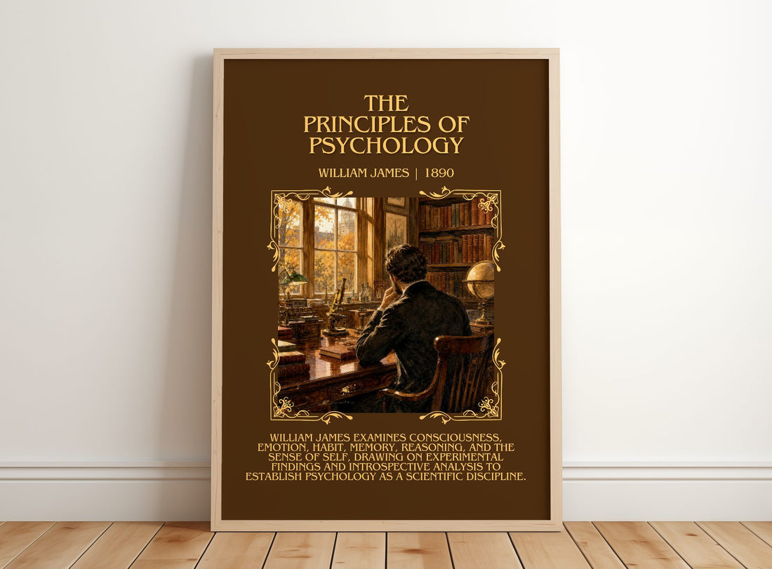 The Principles of Psychology Minimalist Book Poster by William James – framed print leaning on a wooden floor