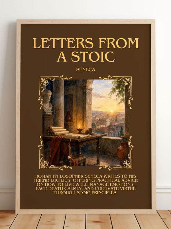 Letters from a Stoic Minimalist Book Poster by Seneca – framed print leaning on a wooden floor