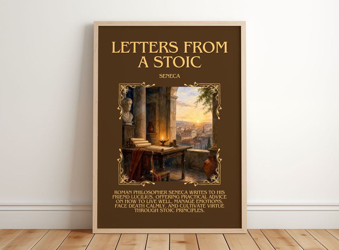 Letters from a Stoic Minimalist Book Poster by Seneca – framed print leaning on a wooden floor