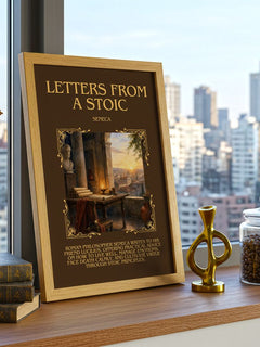 Letters from a Stoic Minimalist Book Poster by Seneca – framed print on a city-view windowsill