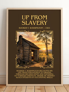 Up from Slavery Minimalist Book Poster by Booker T. Washington – framed print leaning on a wooden floor