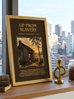 Up from Slavery Minimalist Book Poster by Booker T. Washington – framed print on a city-view windowsill