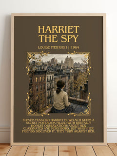 Harriet the Spy Minimalist Book Poster by Louise Fitzhugh – framed print leaning on a wooden floor