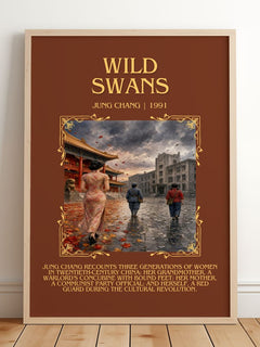 Wild Swans Minimalist Book Poster by Jung Chang – framed print leaning on a wooden floor