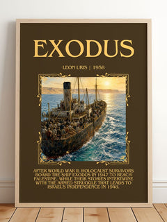 Exodus Minimalist Book Poster by Leon Uris – framed print leaning on a wooden floor