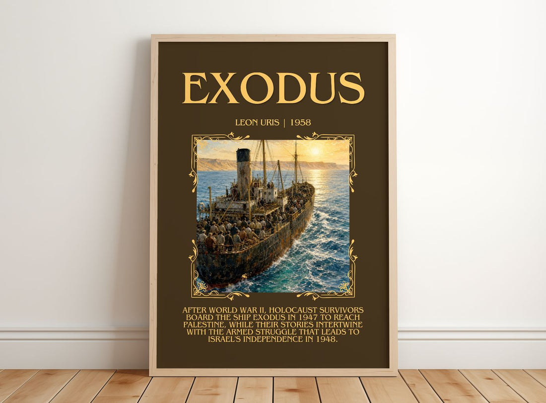 Exodus Minimalist Book Poster by Leon Uris – framed print leaning on a wooden floor