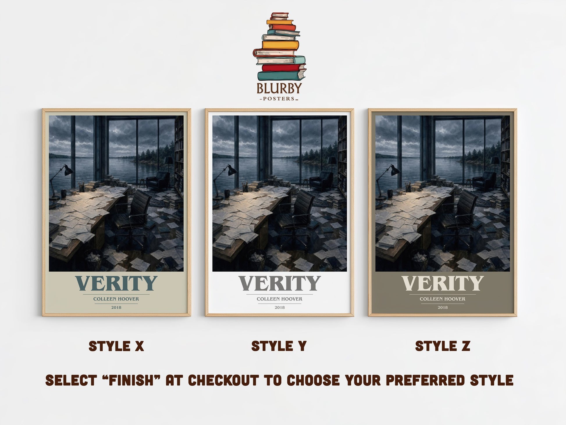 Verity book cover print in frame leaning in hallway – thriller wall art