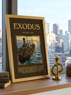 Exodus Minimalist Book Poster by Leon Uris – framed print on a city-view windowsill