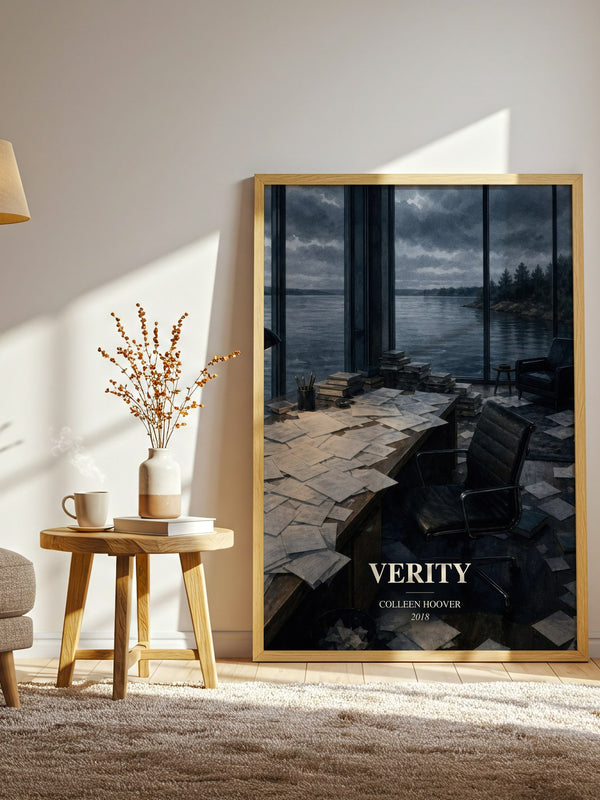 Verity watercolour print in frame leaning in hallway – thriller wall art
