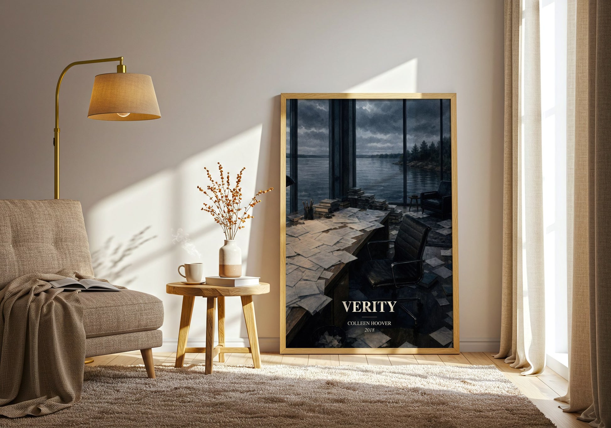 Verity watercolour print in frame leaning in hallway – thriller wall art
