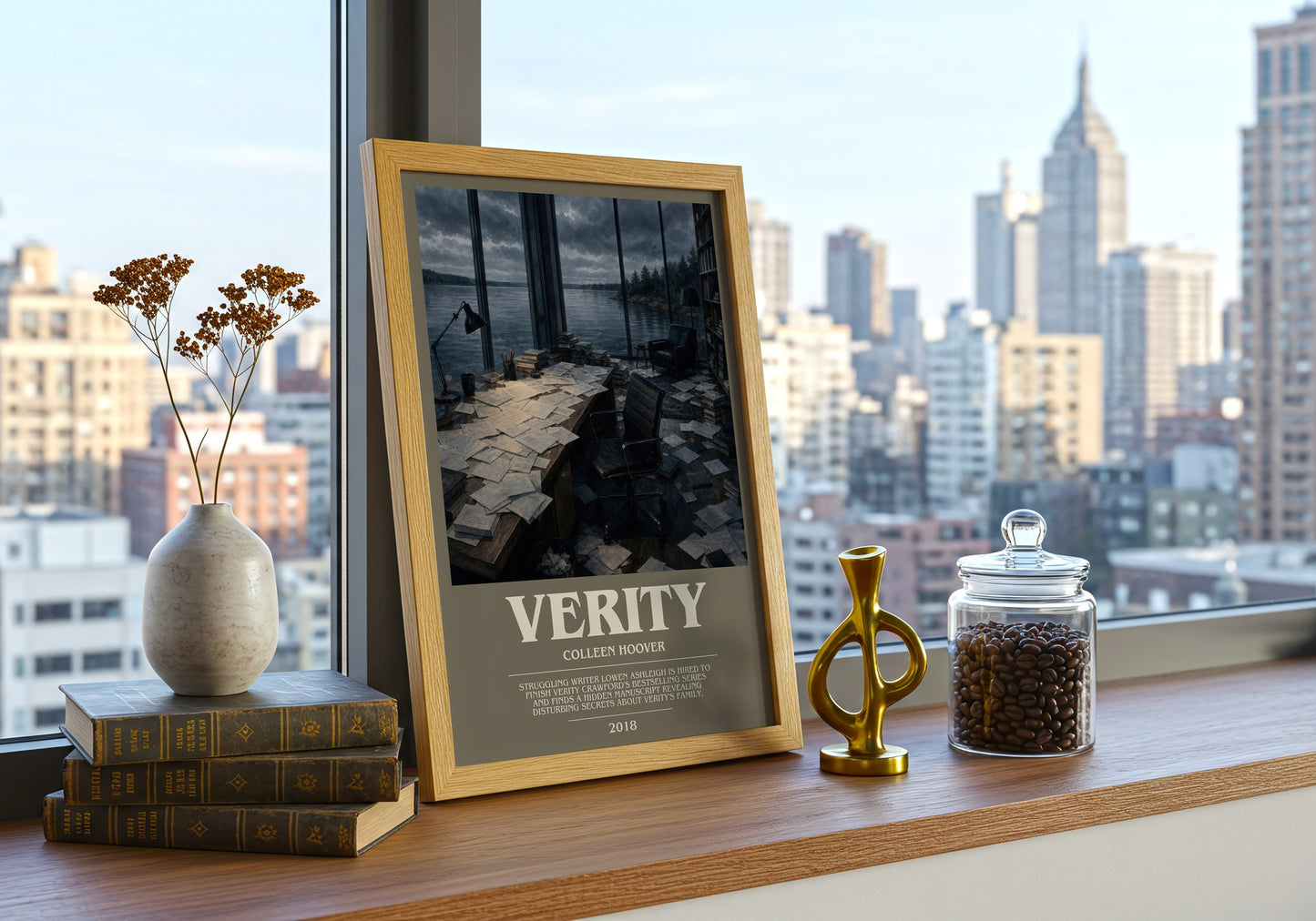 Verity bookish print framed by window – literary home decor
