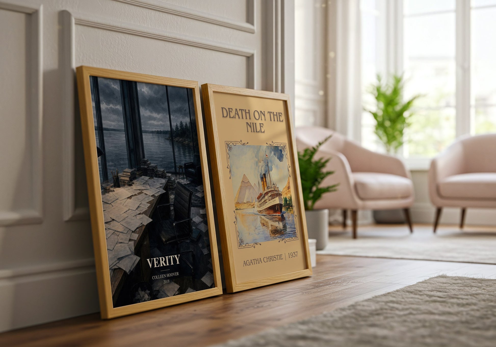 Verity watercolour print framed by window – literary home decor