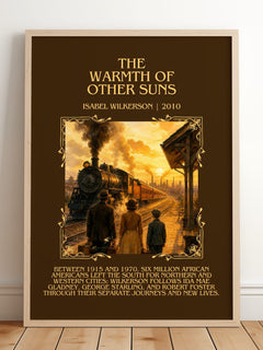 The Warmth Of Other Suns Minimalist Book Poster by Isabel Wilkerson – framed print leaning on a wooden floor