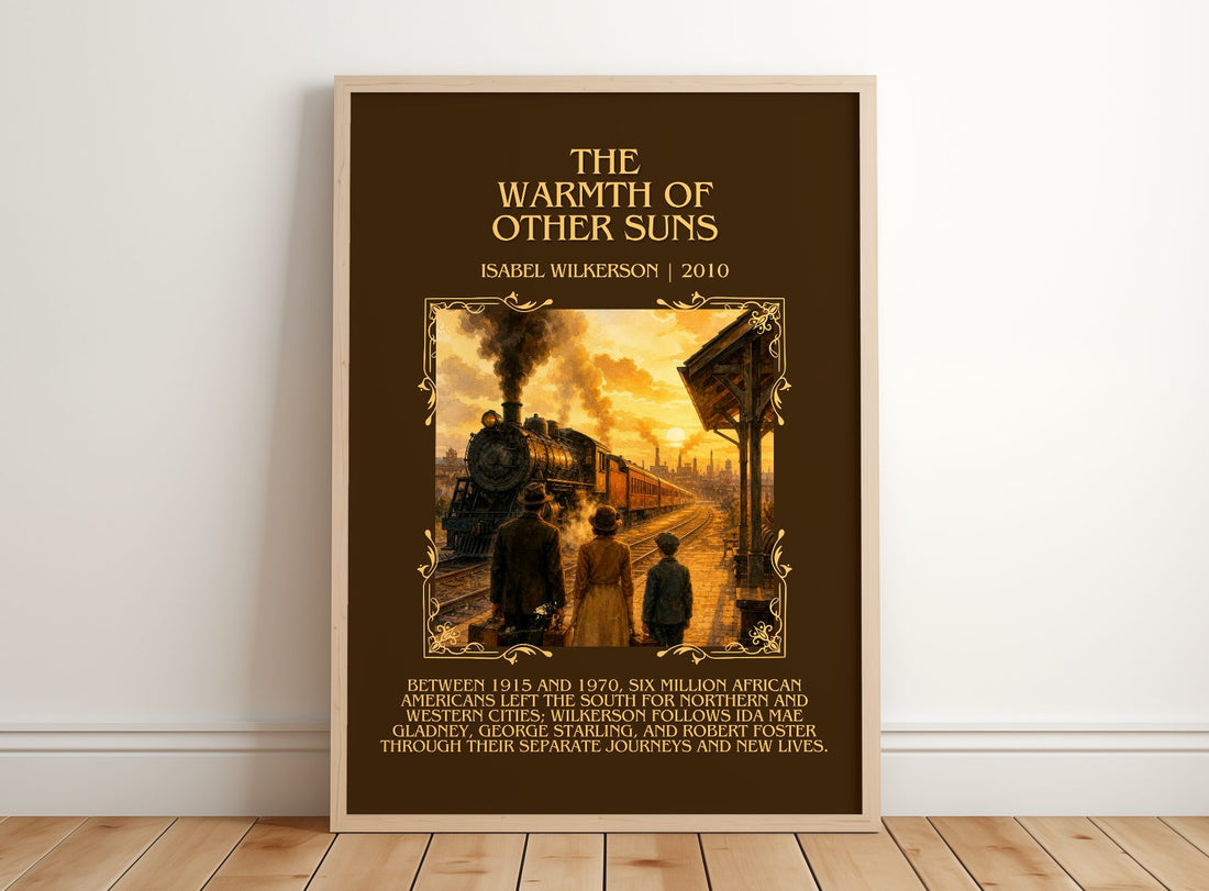 The Warmth Of Other Suns Minimalist Book Poster by Isabel Wilkerson – framed print leaning on a wooden floor