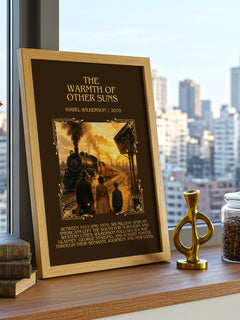 The Warmth Of Other Suns Minimalist Book Poster by Isabel Wilkerson – framed print on a city-view windowsill