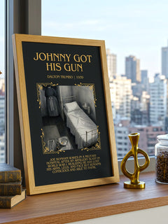Johnny Got His Gun Minimalist Book Poster by Dalton Trumbo – framed print on a city-view windowsill