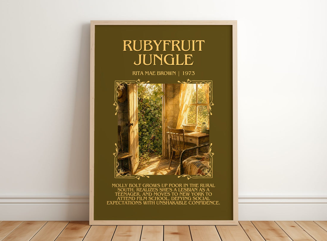 Rubyfruit Jungle Minimalist Book Poster by Rita Mae Brown – framed print leaning on a wooden floor