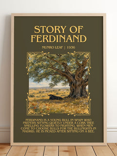 Story of Ferdinand Minimalist Book Poster by Munro Leaf – framed print leaning on a wooden floor