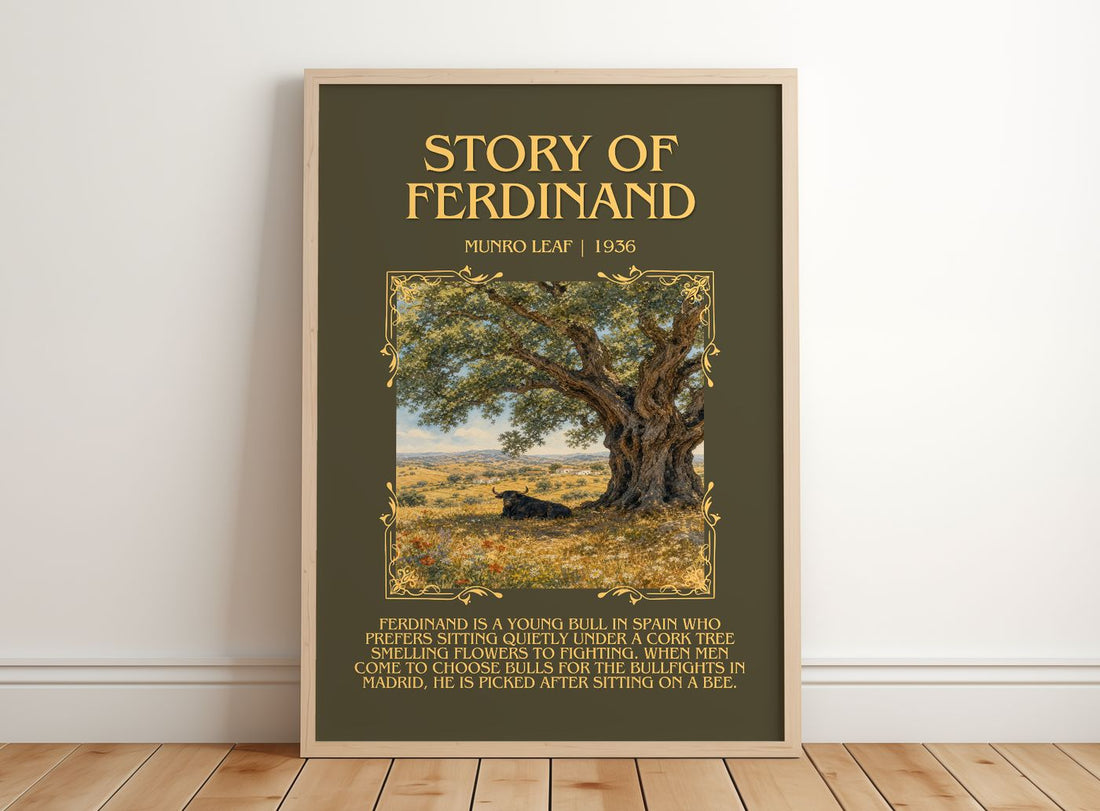 Story of Ferdinand Minimalist Book Poster by Munro Leaf – framed print leaning on a wooden floor