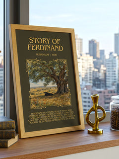 Story of Ferdinand Minimalist Book Poster by Munro Leaf – framed print on a city-view windowsill