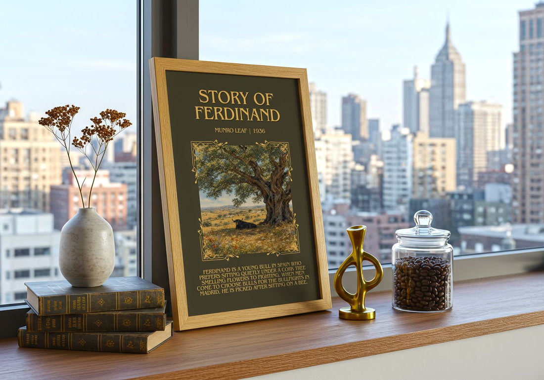 Story of Ferdinand Minimalist Book Poster by Munro Leaf – framed print on a city-view windowsill