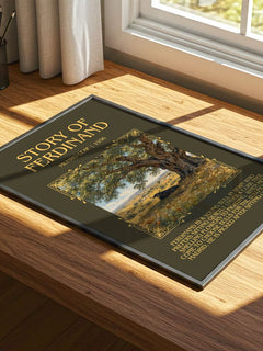 Story of Ferdinand Minimalist Book Poster by Munro Leaf – print on a sunlit desk